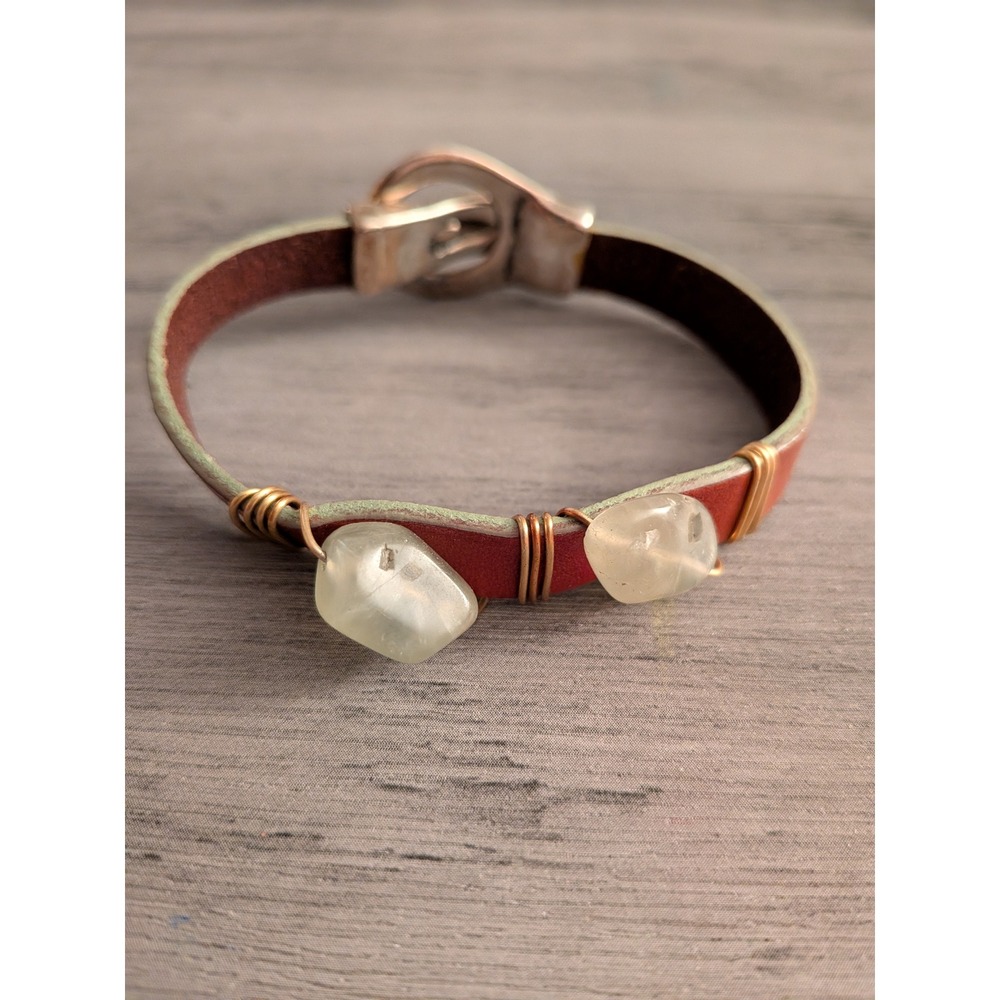 Boho Leather Wire Wrapped Stone Buckle Bracelet Brown Silver Sea Glass